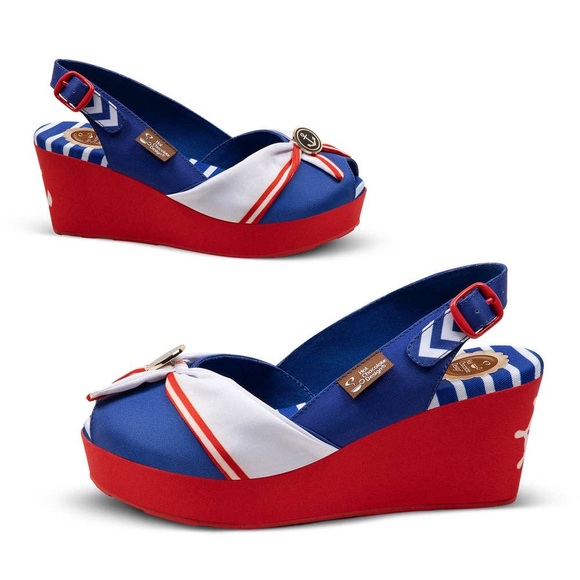 Chocolaticas ANCHOR Red White Blue Sailor Pin-Up Peep Toe Sling Back Platform - Picture 5 of 13